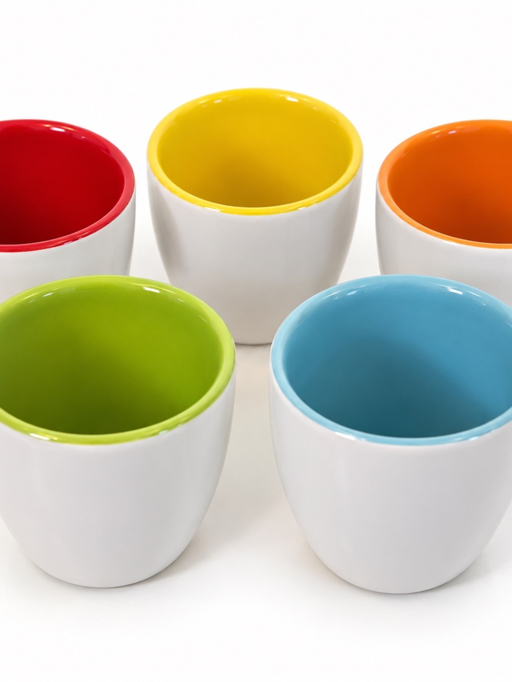 Pier 1 White Ceramic Mugs with Red, Yellow, Orange, Green & Blue Interiors
